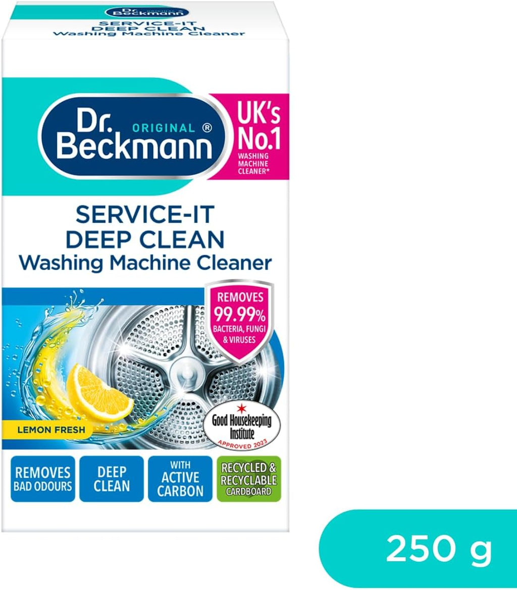 Dr. Beckmann Service-it Deep Clean Washing Machine Cleaner, 250g | Lemon Fresh scent, Removes 99.99% of bacteria, fungi & viruses. Eliminates bad odours. Hygenically cleans. Efficient machine