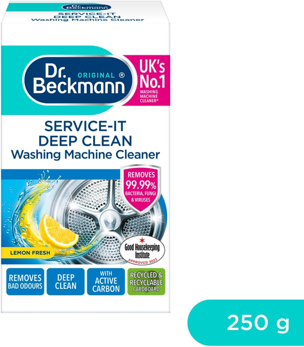 Dr. Beckmann Service-it Deep Clean Washing Machine Cleaner, 250g | Lemon Fresh scent, Removes 99.99% of bacteria, fungi & viruses. Eliminates bad odours. Hygenically cleans. Efficient machine