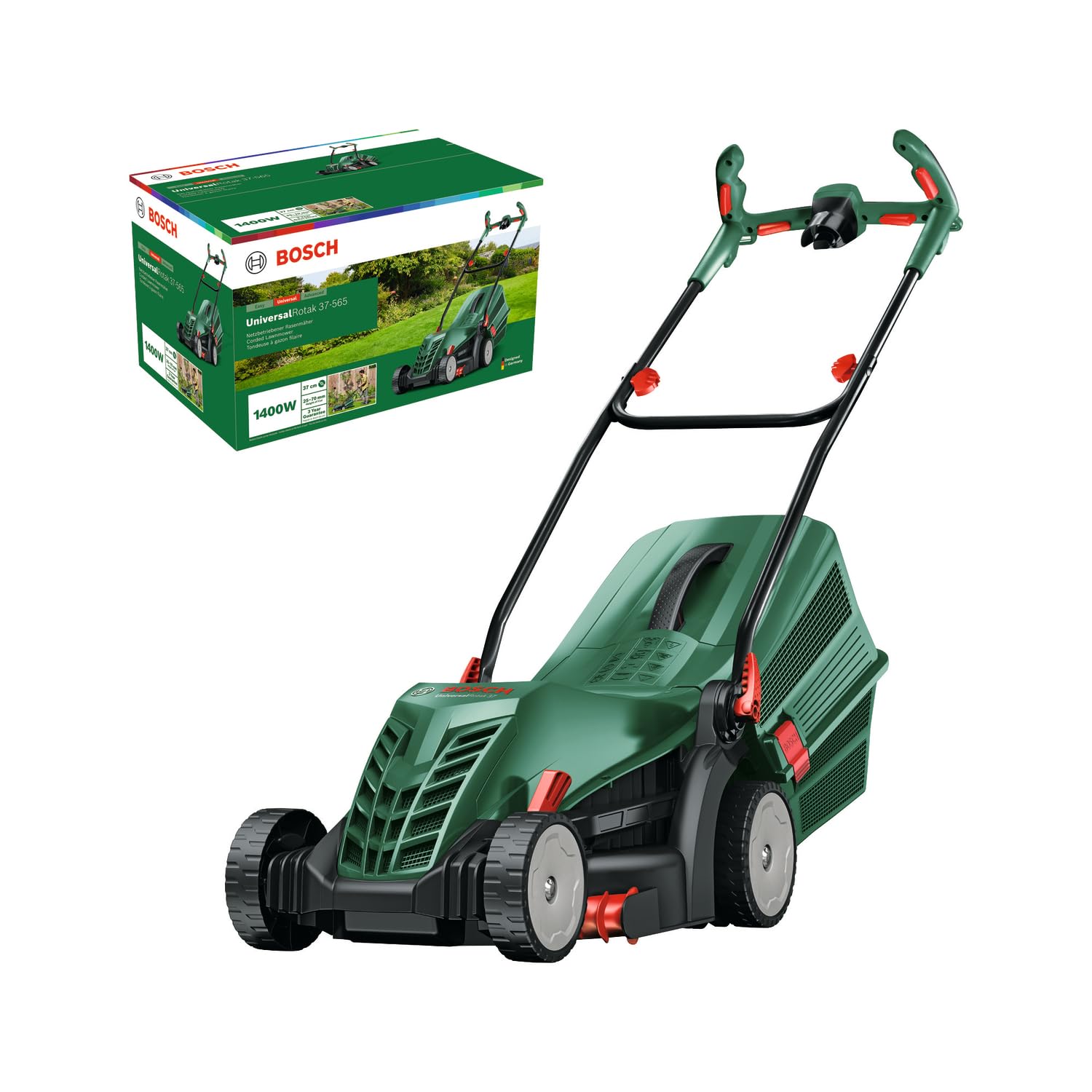 Bosch Corded Lawnmower UniversalRotak 34-410 (230 V, cutting width: 34 cm, 40-litre grass box, with GrassCombs)