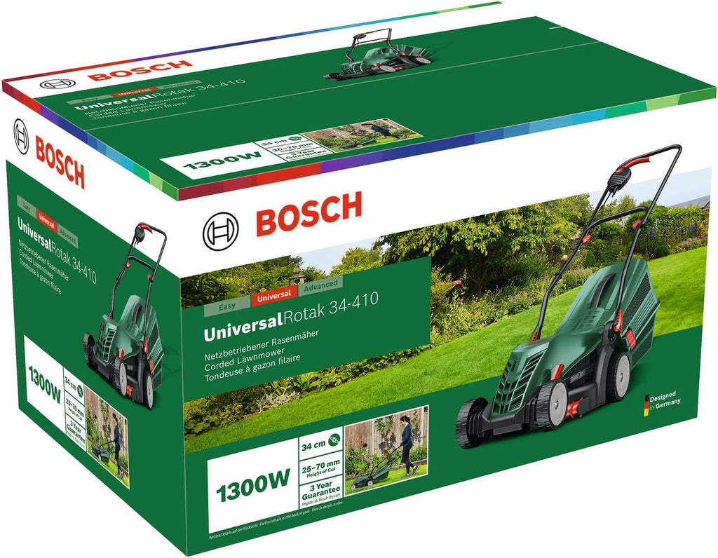 Bosch Corded Lawnmower UniversalRotak 34-410 (230 V, cutting width: 34 cm, 40-litre grass box, with GrassCombs)
