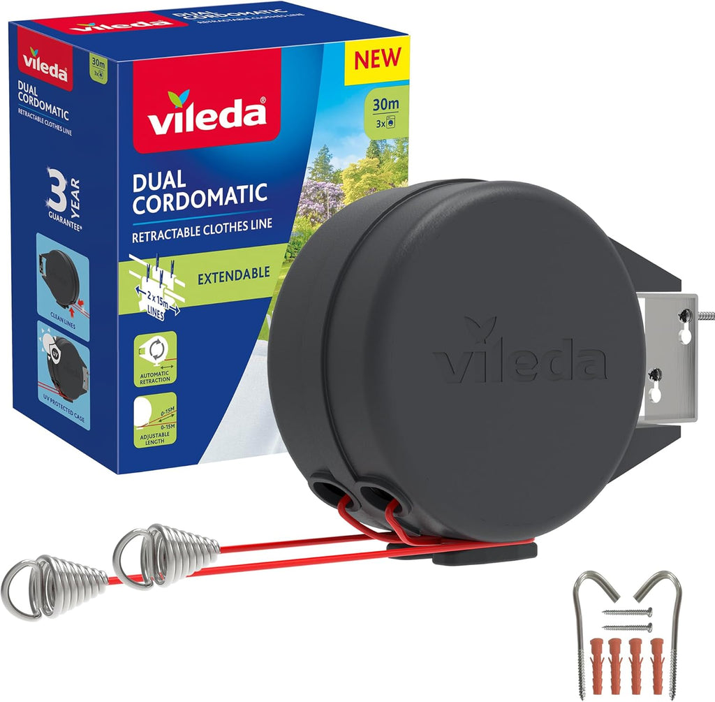 Vileda Dual Cordomatic Retractable Washing Line, 30m (2 x 15m Clothes Line) | Holds up to 30kg, Extendable Clothes Line with Automatic Retraction, UV‑Protected Case, Wall Mounted for Indoor & Outdoor Use