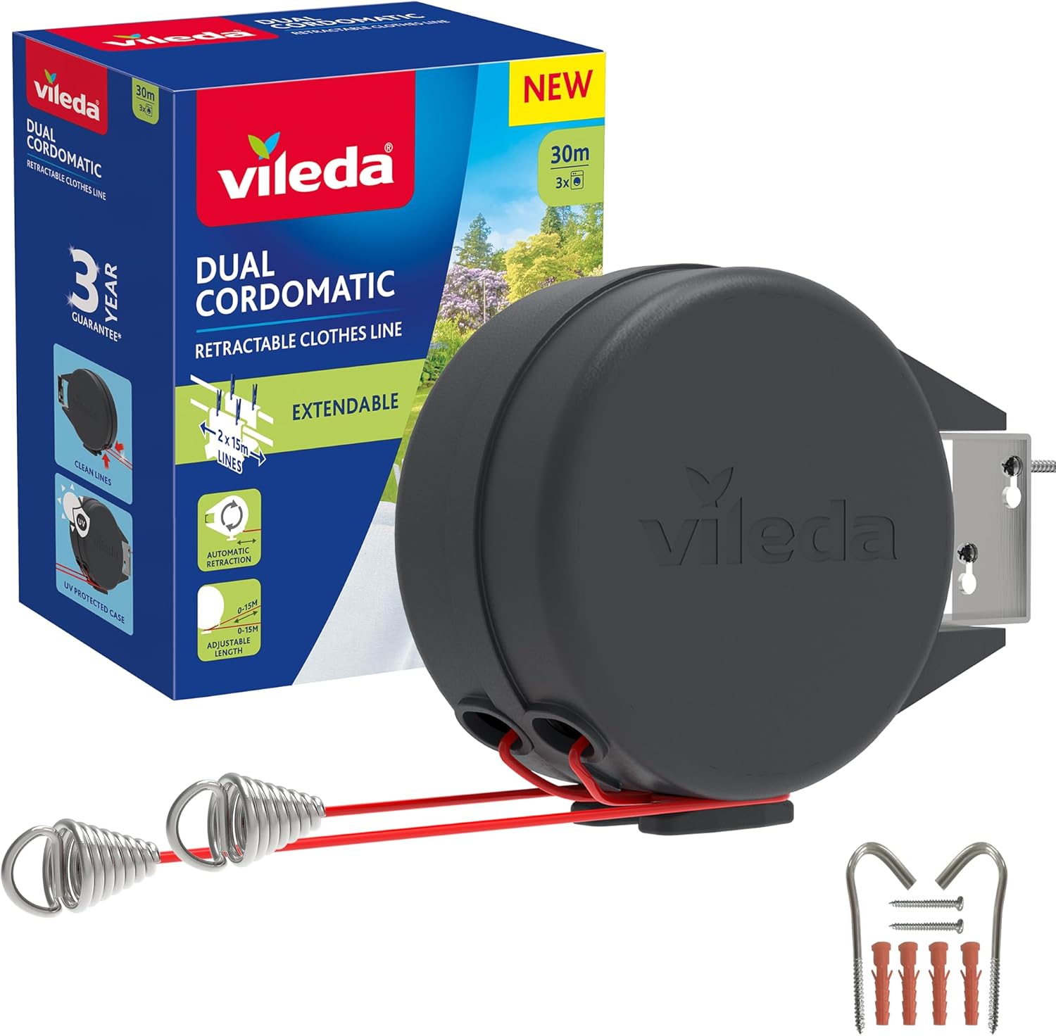 Vileda Dual Cordomatic Retractable Washing Line, 30m (2 x 15m Clothes Line) | Holds up to 30kg, Extendable Clothes Line with Automatic Retraction, UV‑Protected Case, Wall Mounted for Indoor & Outdoor Use