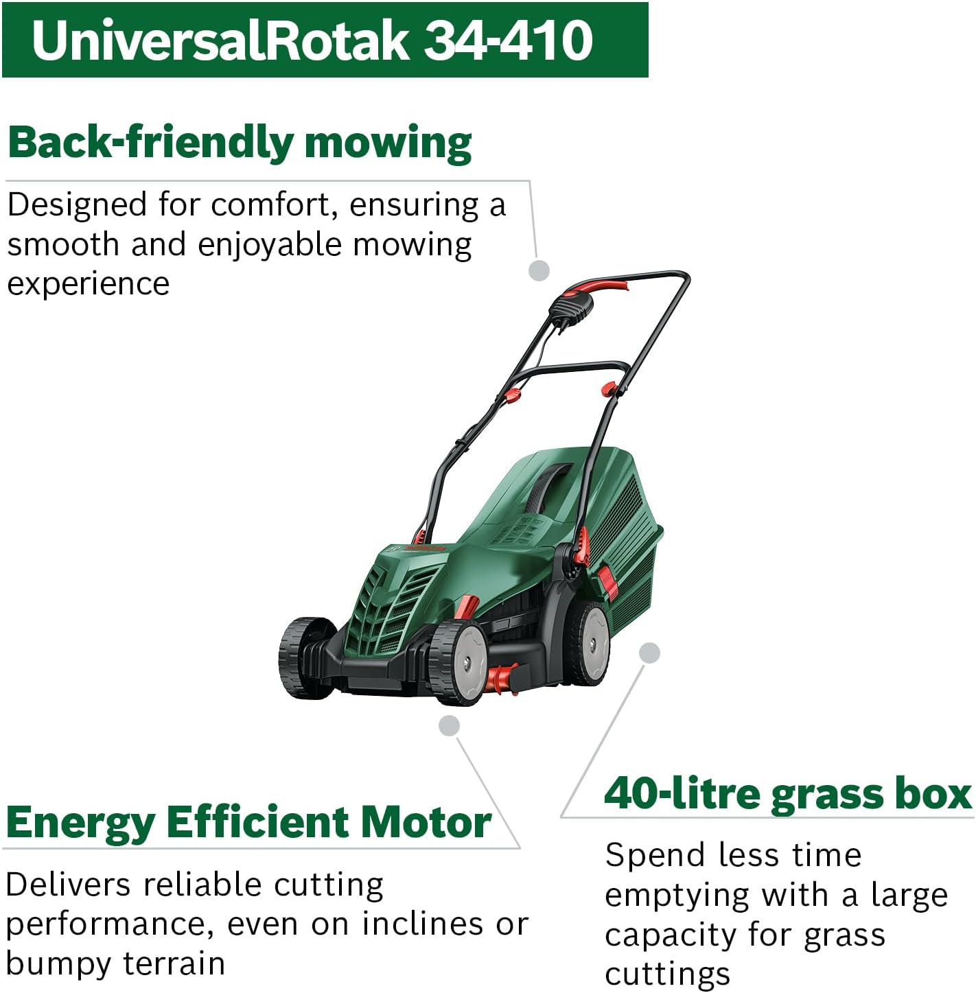 Bosch Corded Lawnmower UniversalRotak 34-410 (230 V, cutting width: 34 cm, 40-litre grass box, with GrassCombs)