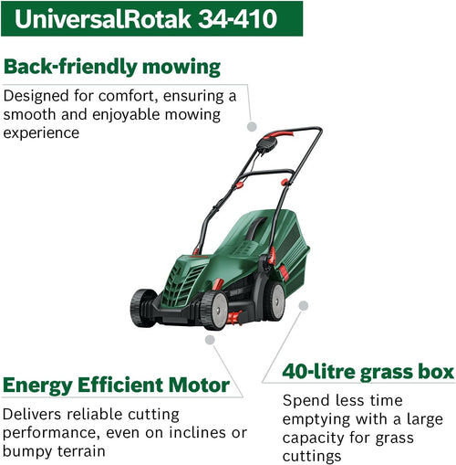 Bosch Corded Lawnmower UniversalRotak 34-410 (230 V, cutting width: 34 cm, 40-litre grass box, with GrassCombs)