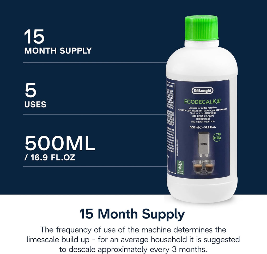 De'Longhi EcoDecalk Descaler DLSC500, 5 Decalcification Doses, Coffee Machine Descaler, Coffee Machine Maintenance Accessory, Plant-Based Ingredients, Bottle with 5 Doses, 500ml