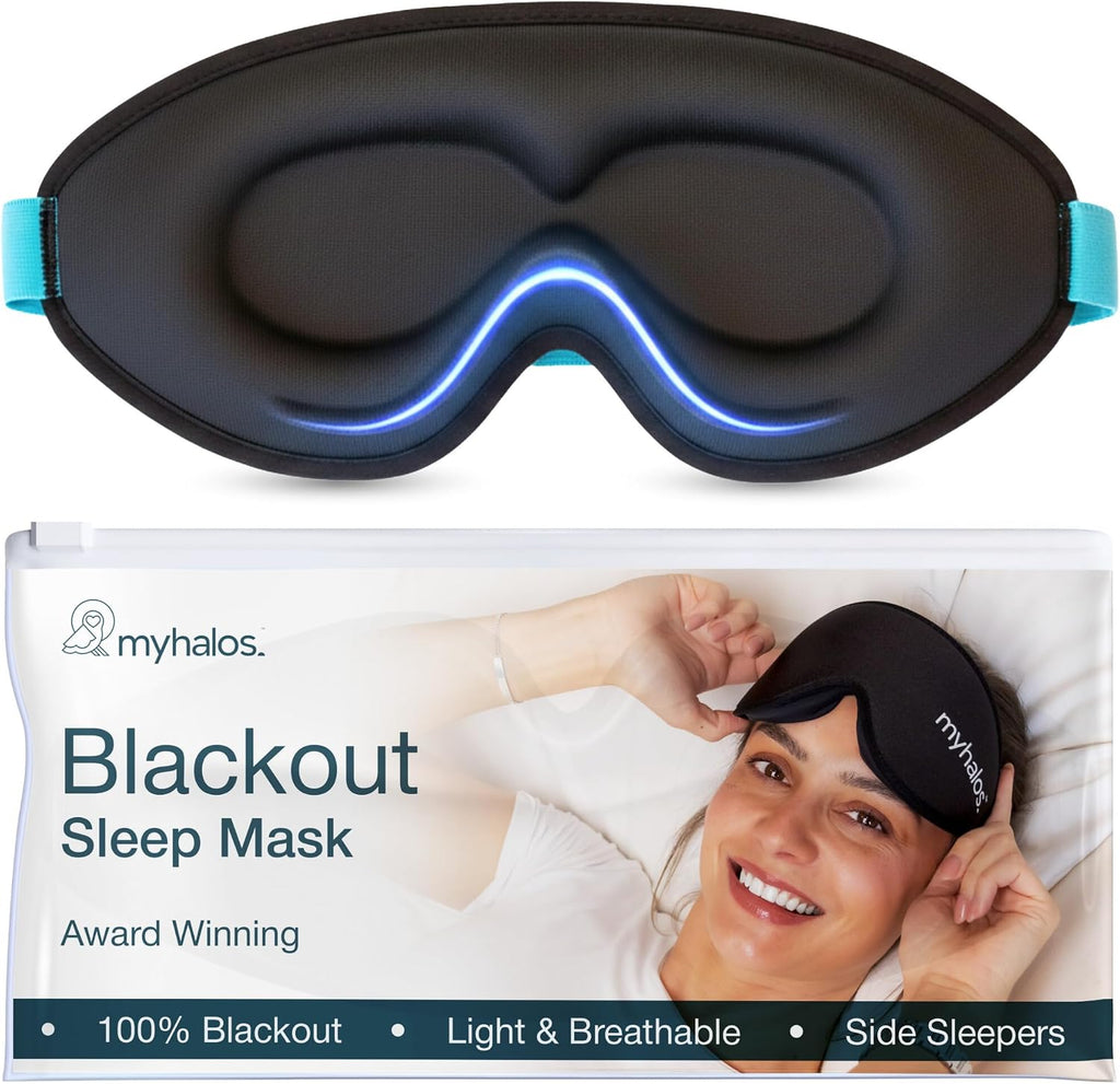 MyHalos Blackout Sleep Mask, Eye Mask for Sleeping, Zero Pressure, Travel | 3D Sleeping Mask, Sleep Eye Mask, Blindfold, Soft & Breathable sleep masks, Includes Storage Pouch, Black