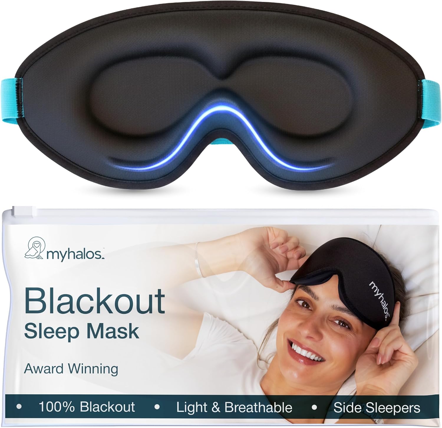 MyHalos Blackout Sleep Mask, Eye Mask for Sleeping, Zero Pressure, Travel | 3D Sleeping Mask, Sleep Eye Mask, Blindfold, Soft & Breathable sleep masks, Includes Storage Pouch, Black