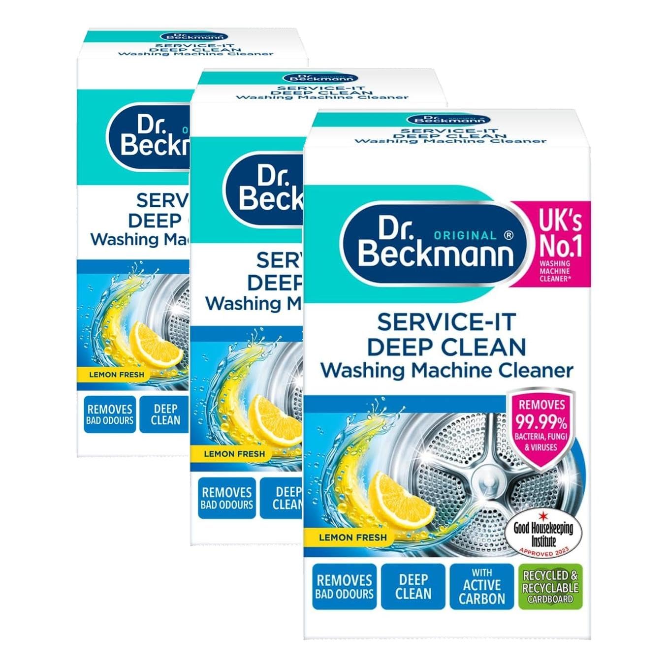 Dr. Beckmann Service-it Deep Clean Washing Machine Cleaner, 250g | Lemon Fresh scent, Removes 99.99% of bacteria, fungi & viruses. Eliminates bad odours. Hygenically cleans. Efficient machine