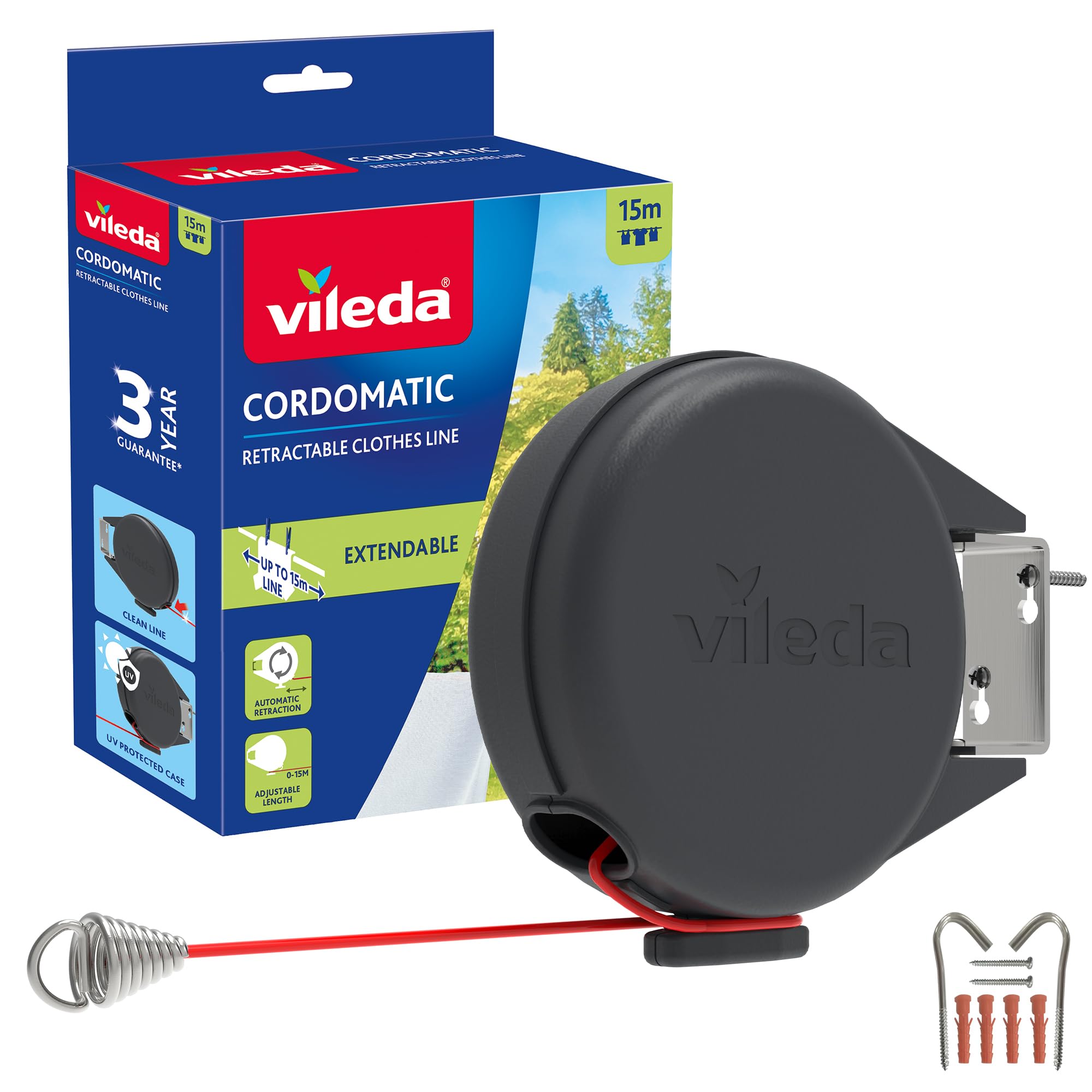 Vileda Dual Cordomatic Retractable Washing Line, 30m (2 x 15m Clothes Line) | Holds up to 30kg, Extendable Clothes Line with Automatic Retraction, UV‑Protected Case, Wall Mounted for Indoor & Outdoor Use