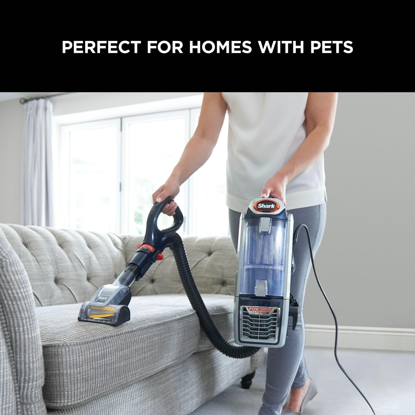 Shark Corded Upright Vacuum Cleaner,0.83L, Pet Model, Navy/Orange, 750W | with Anti Hair Wrap Technology & DuoClean, Powered Lift-Away, LED Headlights, Anti-Allergen, 8m Cord, 3 Attachments, NZ801UKT