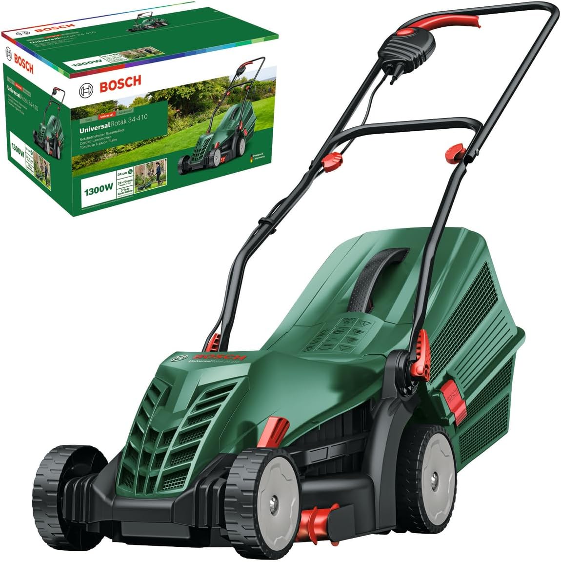 Bosch Corded Lawnmower UniversalRotak 34-410 (230 V, cutting width: 34 cm, 40-litre grass box, with GrassCombs)
