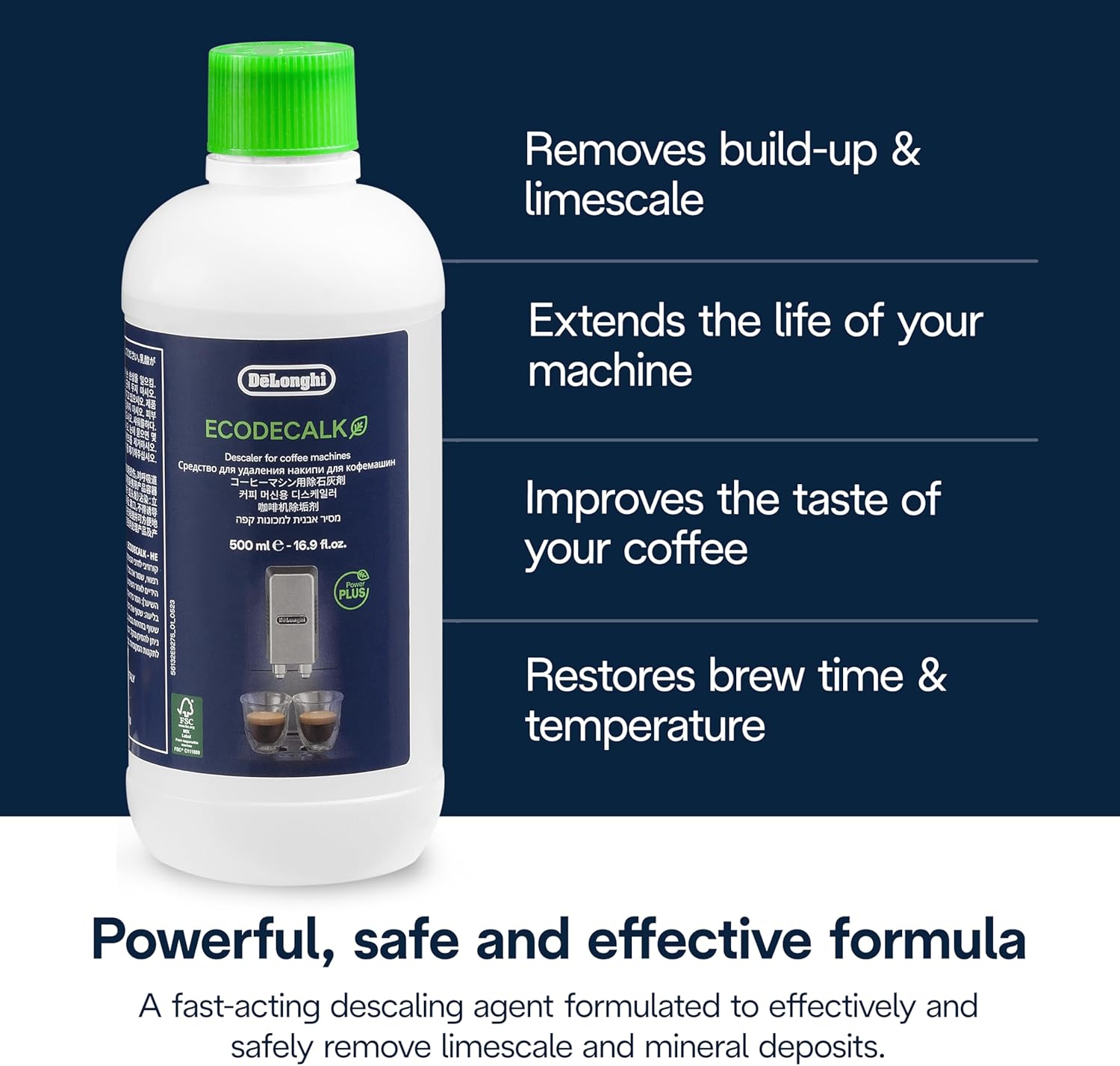 De'Longhi EcoDecalk Descaler DLSC500, 5 Decalcification Doses, Coffee Machine Descaler, Coffee Machine Maintenance Accessory, Plant-Based Ingredients, Bottle with 5 Doses, 500ml