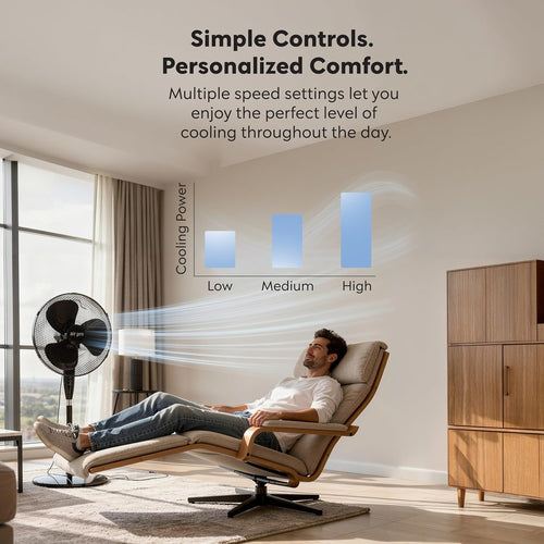 Air Pro 16" Pedestal Fan Oscillating Fan Air Cooling & Electric Fan Circulator 50” Tall Adjustable Height Cooling Fan 3 Speeds 70° Oscillation Variable Tilt Suitable for Home Office, Bedroom, Kitchen