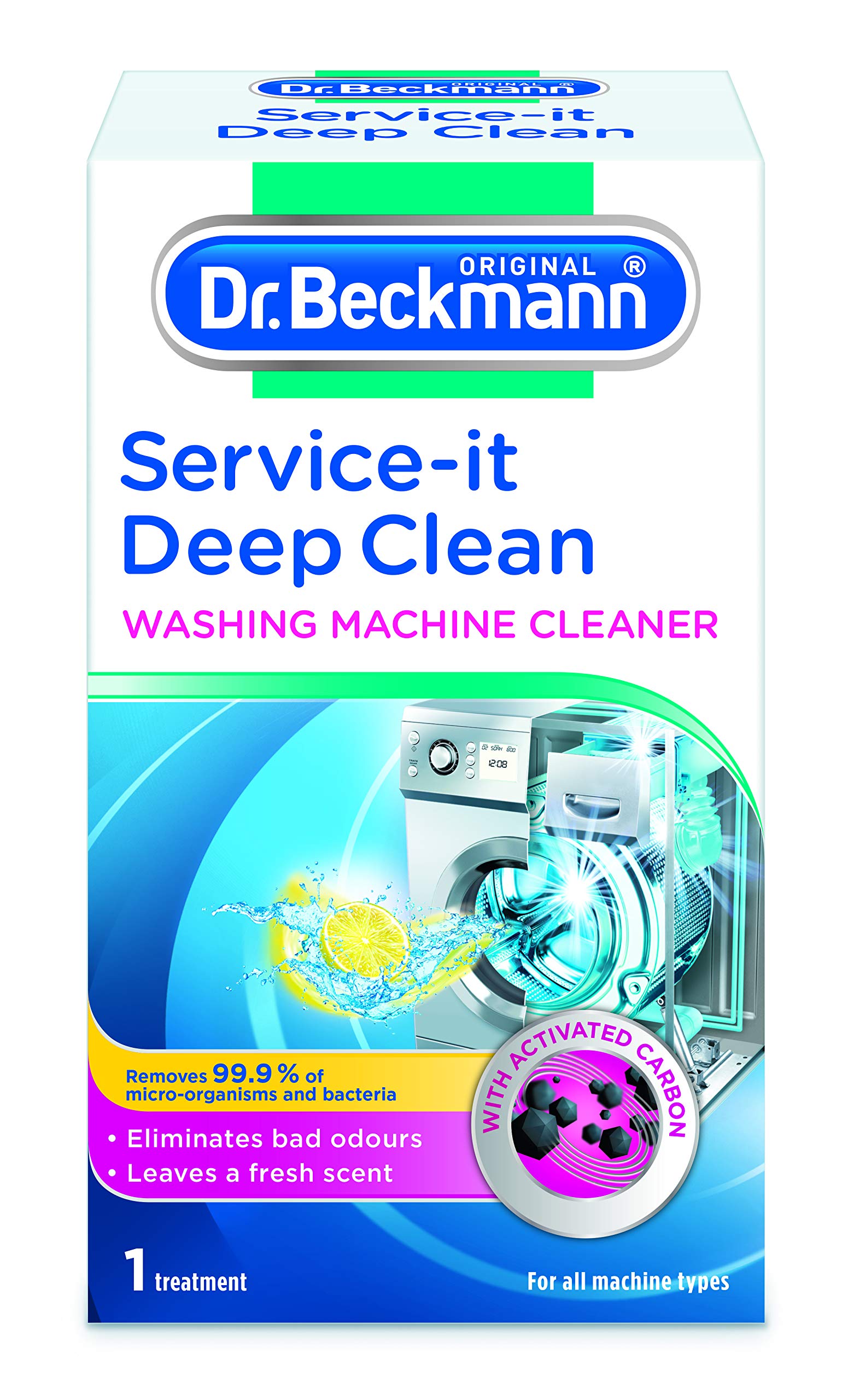 Dr. Beckmann Service-it Deep Clean Washing Machine Cleaner, 250g | Lemon Fresh scent, Removes 99.99% of bacteria, fungi & viruses. Eliminates bad odours. Hygenically cleans. Efficient machine