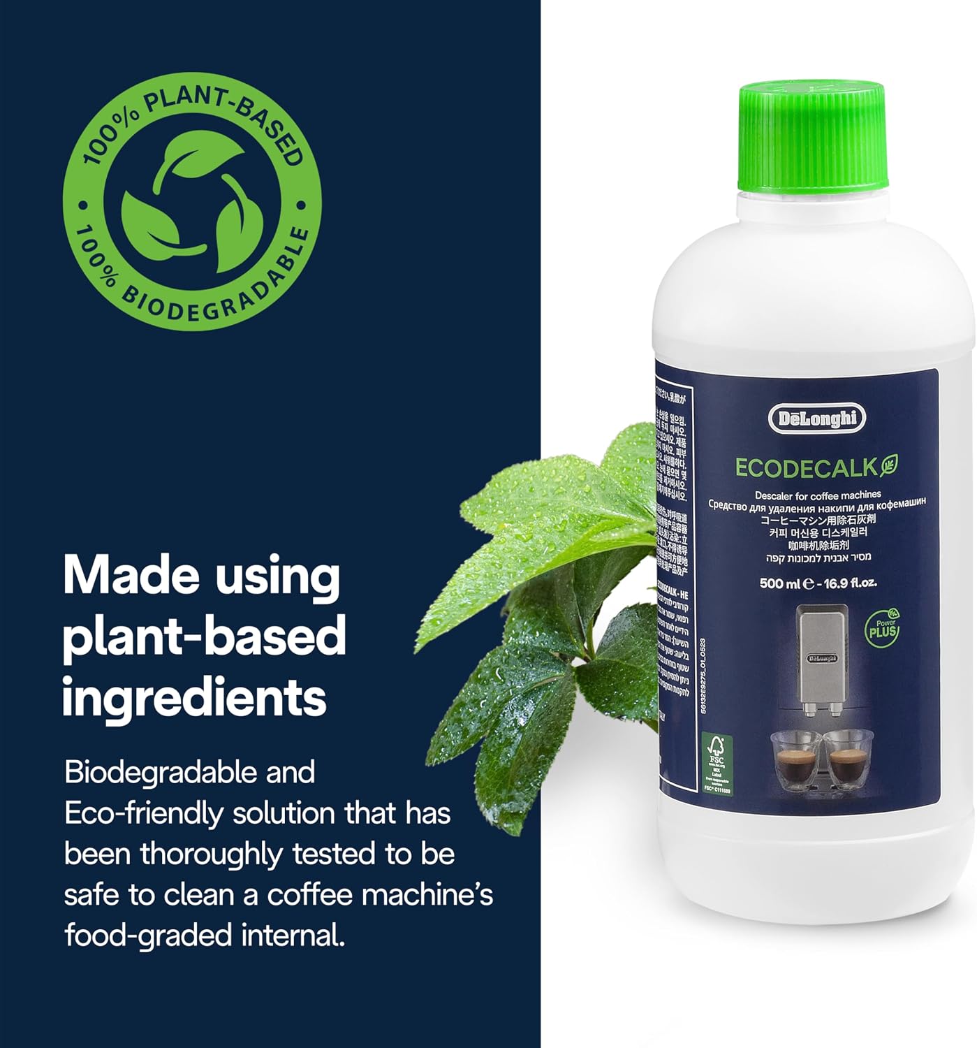 De'Longhi EcoDecalk Descaler DLSC500, 5 Decalcification Doses, Coffee Machine Descaler, Coffee Machine Maintenance Accessory, Plant-Based Ingredients, Bottle with 5 Doses, 500ml